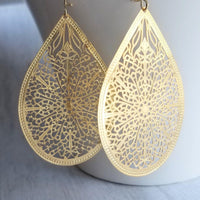 Gold Filigree Teardrop Earring, large statement earring, large drop earring, gold teardrop earring cut out earring large lightweight earring - Constant Baubling