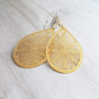 Gold Filigree Teardrop Earring, large statement earring, large drop earring, gold teardrop earring cut out earring large lightweight earring - Constant Baubling