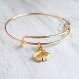 Gold Bangle Bracelet, ginkgo bracelet, simple gold bracelet, small ginkgo leaf, stacking bracelet, gold wire bracelet, hope peace symbol - Constant Baubling
