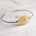 Initial Bangle Bracelet, gold bangle, thin wire bangle, simple bracelet, hand stamped, lacy scalloped oval, stacking, personalized jewelry - Constant Baubling