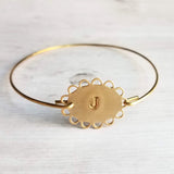 Initial Bangle Bracelet, gold bangle, thin wire bangle, simple bracelet, hand stamped, lacy scalloped oval, stacking, personalized jewelry - Constant Baubling