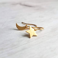 Moon & Star Earrings, gold crescent earring, gold moon earring, gold star earring, night sky earring, small gold earring, celestial earring - Constant Baubling