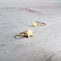 Moon & Star Earrings, gold crescent earring, gold moon earring, gold star earring, night sky earring, small gold earring, celestial earring - Constant Baubling