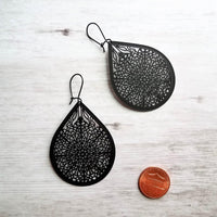 Matte Black Filigree Earrings, black teardrop earrings, matte black earring, large tear drop earring, black drop earring, intricate cut out - Constant Baubling