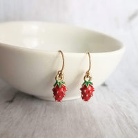 Small Strawberry Earrings, tiny strawberries, little red fruit earring, strawberry jewelry, strawberry dangle, gold strawberry charm - Constant Baubling