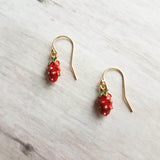 Small Strawberry Earrings, tiny strawberries, little red fruit earring, strawberry jewelry, strawberry dangle, gold strawberry charm - Constant Baubling