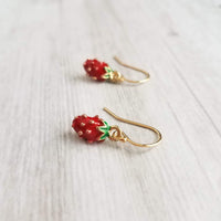 Small Strawberry Earrings, tiny strawberries, little red fruit earring, strawberry jewelry, strawberry dangle, gold strawberry charm - Constant Baubling