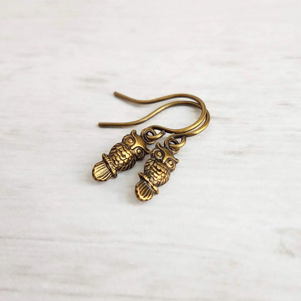 Tiny Owl Earrings - small bronze oxidized brass owlet bird charm, delicate petite little simple owl, forest woods critter gift, baby owl - Constant Baubling