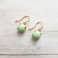 Green Mint & Gold Earrings - raw brass setting with small vintage round pale smooth glass - upgrade hooks to 14K SOLID gold or fill - Constant Baubling
