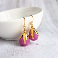 Pom Ball Earrings - fuchsia needle felt wool orb nestled in gold leaf cone top - 14K gold fill or plated hooks - other fall colors available - Constant Baubling