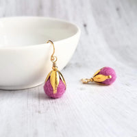 Pom Ball Earrings - fuchsia needle felt wool orb nestled in gold leaf cone top - 14K gold fill or plated hooks - other fall colors available - Constant Baubling