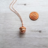 Rose Gold Acorn Necklace - Swarovski pearl nut with pink copper cap on rose gold plated delicate simple chain - custom lengths - fall gift - Constant Baubling
