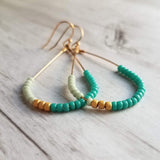 Beaded Gold Teardrop Earrings, large gold tear drop earring, beaded teardrop seed bead earring delicate blue green mint matte gold turquoise - Constant Baubling