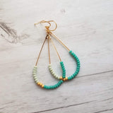 Beaded Gold Teardrop Earrings, large gold tear drop earring, beaded teardrop seed bead earring delicate blue green mint matte gold turquoise - Constant Baubling