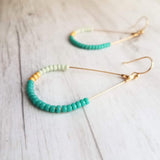 Beaded Gold Teardrop Earrings, large gold tear drop earring, beaded teardrop seed bead earring delicate blue green mint matte gold turquoise - Constant Baubling