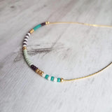 Seed Bead Necklace, color block necklace, beaded chain, thin gold chain, aqua mint purple turquoise, colorful delicate necklace, tiny bead - Constant Baubling