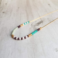 Seed Bead Necklace, color block necklace, beaded chain, thin gold chain, aqua mint purple turquoise, colorful delicate necklace, tiny bead - Constant Baubling