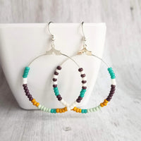 Beaded Silver Hoop Earrings, thin circle earring, beaded hoop, seed bead earring, beaded earring, mint, mustard, turquoise, plum brown, tiny - Constant Baubling