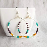 Beaded Silver Hoop Earrings, thin circle earring, beaded hoop, seed bead earring, beaded earring, mint, mustard, turquoise, plum brown, tiny - Constant Baubling