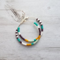 Beaded Silver Hoop Earrings, thin circle earring, beaded hoop, seed bead earring, beaded earring, mint, mustard, turquoise, plum brown, tiny - Constant Baubling