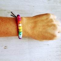 Rainbow Bracelet, large chunky bracelet, pony bead bracelet, tie on cord, cord bracelet, faux stone bracelet, faux glass beads, happy color - Constant Baubling