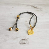 Rope Bracelet, matte gold heart charm, grey twisted cord, thin string, gold medallion, adjustable gray cord silky stacking layering bracelet - Constant Baubling