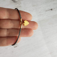 Rope Bracelet, matte gold heart charm, grey twisted cord, thin string, gold medallion, adjustable gray cord silky stacking layering bracelet - Constant Baubling