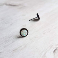 Black Stud Earrings - colorful opal white faux druzy stone - round rough jagged rock - hypoallergenic stainless surgical steel post drusy - Constant Baubling