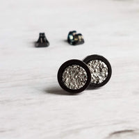 Black Stud Earrings - gunmetal silver faux druzy stone - simple round rough jagged rock - hypoallergenic stainless surgical steel post drusy - Constant Baubling