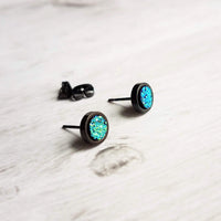 Black Stud Earrings - blue green teal faux druzy stone - simple round rough jagged rock - hypoallergenic stainless surgical steel post drusy - Constant Baubling