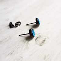 Black Stud Earrings - blue green teal faux druzy stone - simple round rough jagged rock - hypoallergenic stainless surgical steel post drusy - Constant Baubling