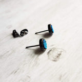 Black Stud Earrings - blue green teal faux druzy stone - simple round rough jagged rock - hypoallergenic stainless surgical steel post drusy - Constant Baubling