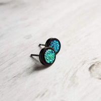 Black Stud Earrings - blue green teal faux druzy stone - simple round rough jagged rock - hypoallergenic stainless surgical steel post drusy - Constant Baubling