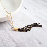 Tassel Necklace, black gold tassel pendant, herringbone chain tassel, chain fringe necklace, chain tassel necklace small black gold necklace - Constant Baubling