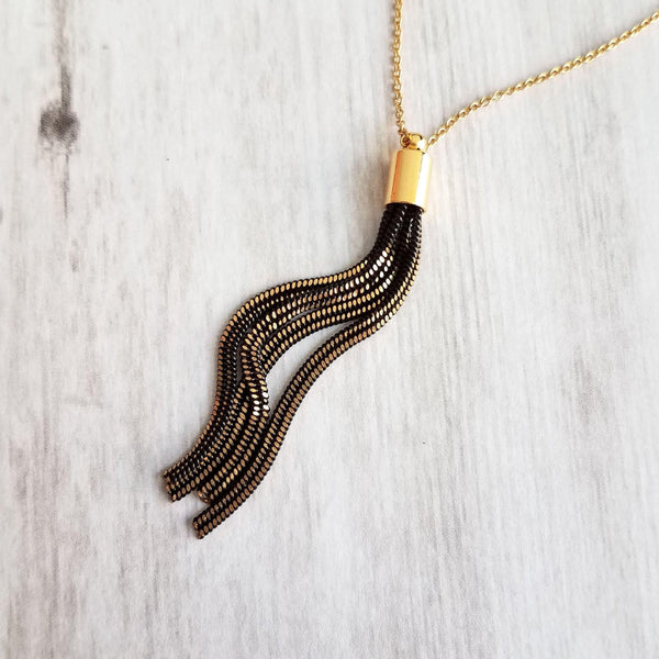 Tassel Necklace, black gold tassel pendant, herringbone chain tassel, chain fringe necklace, chain tassel necklace small black gold necklace - Constant Baubling