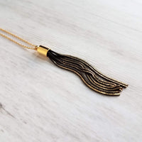 Tassel Necklace, black gold tassel pendant, herringbone chain tassel, chain fringe necklace, chain tassel necklace small black gold necklace - Constant Baubling