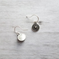 Tiny Silver Medallion Earrings, small round dangle earring, antique silver earring, silver tribal earring, .925 sterling silver hook option - Constant Baubling