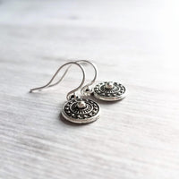 Tiny Silver Medallion Earrings, small round dangle earring, antique silver earring, silver tribal earring, .925 sterling silver hook option - Constant Baubling