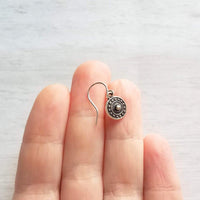 Tiny Silver Medallion Earrings, small round dangle earring, antique silver earring, silver tribal earring, .925 sterling silver hook option - Constant Baubling