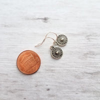 Tiny Silver Medallion Earrings, small round dangle earring, antique silver earring, silver tribal earring, .925 sterling silver hook option - Constant Baubling