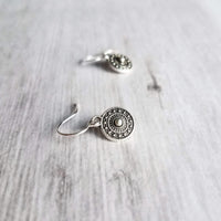 Tiny Silver Medallion Earrings, small round dangle earring, antique silver earring, silver tribal earring, .925 sterling silver hook option - Constant Baubling