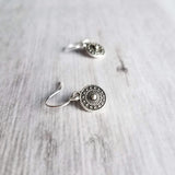 Tiny Silver Medallion Earrings, small round dangle earring, antique silver earring, silver tribal earring, .925 sterling silver hook option - Constant Baubling