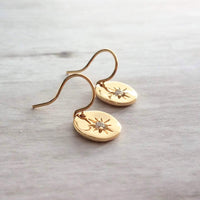 Gold Oval Dangle Earrings, CZ earring, North Star earring, cubic zirconia earring, small gold earring, petite gold earring, oval earrings - Constant Baubling