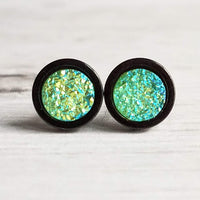 Black Stud Earrings - peridot green/aqua blue faux druzy stone - rough bumpy rock - hypoallergenic stainless surgical steel post drusy - Constant Baubling