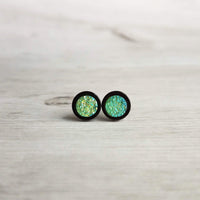 Black Stud Earrings - peridot green/aqua blue faux druzy stone - rough bumpy rock - hypoallergenic stainless surgical steel post drusy - Constant Baubling