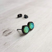 Black Stud Earrings - peridot green/aqua blue faux druzy stone - rough bumpy rock - hypoallergenic stainless surgical steel post drusy - Constant Baubling