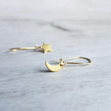 Moon Star Earrings, small gold earring, crescent moon, celestial earring, night sky earring, make a wish, gold moon earring, shooting star - Constant Baubling