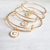 Gold Bangle - ONE adjustable stacking charm bracelet - simple round enamel letter initial in mint pink white - minimalist trendy slide loop - Constant Baubling