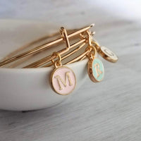 Gold Bangle - ONE adjustable stacking charm bracelet - simple round enamel letter initial in mint pink white - minimalist trendy slide loop - Constant Baubling