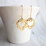 Lotus Earrings - gold ornate flower outline charms dangle on simple latching kidney ear hook - goddess rebirth triumph purity symbolic gift - Constant Baubling